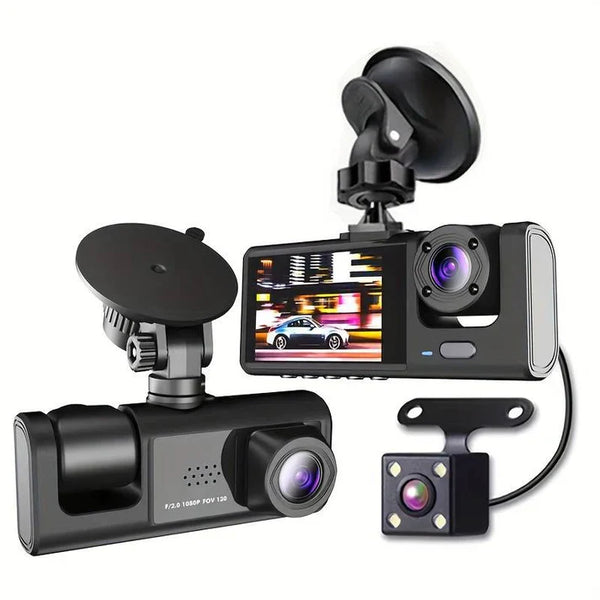 Camera auto tripla Full HD 1080p cu ecran 2 Inch, senzor de miscare, Night Vision, monitorizare parcare și filmare în bucla