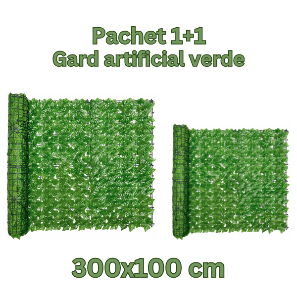 Pachet 1+1 Gard artificial verde,cu frunze,300x100 cm