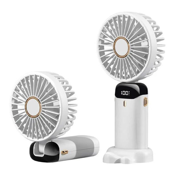 Ventilator portabil 4 in 1 de birou / mana / gat, 5 trepte de viteza, unghiuri reglabile pana la 90 grade, ecran LED, acumulator reincarcabil port USB-C, cu suport pentru telefon, alb