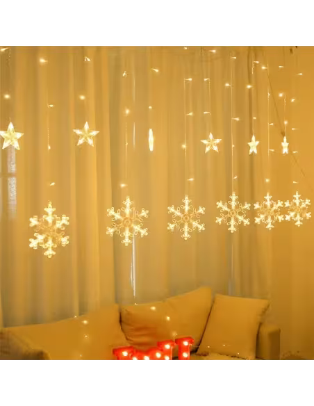 Luminițe de Crăciun tip perdea, decorata cu stele si fulgi, multicolor,alb cald sau alb rece