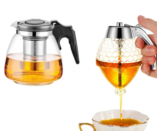 Ceainic din sticla, filtru din inox, capacitate 1100 ml + CADOU Dozator miere