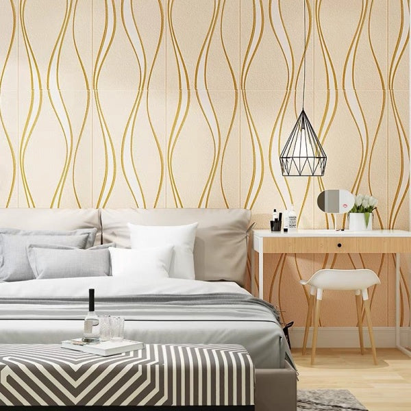 Set 5 x Tapet 3D Autoadeziv cu model bej cu fir auriu si alb