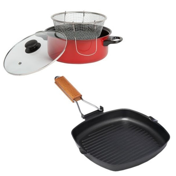 Set Tigaie grill cu maner detasabil, , 24 x 3.5cm + Friteuza teflonata cu capac si cos , 24 cm