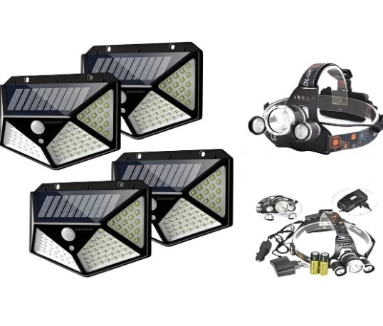 Set 4 x Lampa 100 LED cu panou solar, senzor de miscare + CADOU Lanterna profesionala de cap reglabil