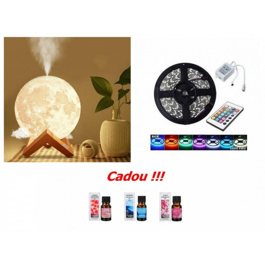 Lampa moon umidificator + banda RGB 5m cu telecomanda + CADOU 12  sticlute de ulei aromatizant